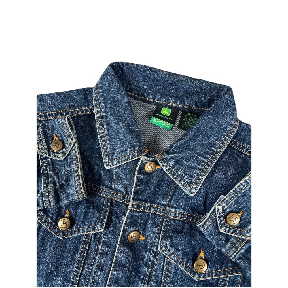 John Deere Blue Denim Trucker Jacket Youth Size L 14/16 Long Sleeve‎ Buttons
